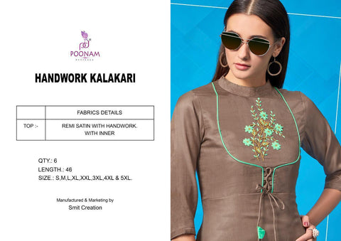 Poonam Designer Presents Handwork Kalakari Remi Satin Fancy Designer Kurtis Collection