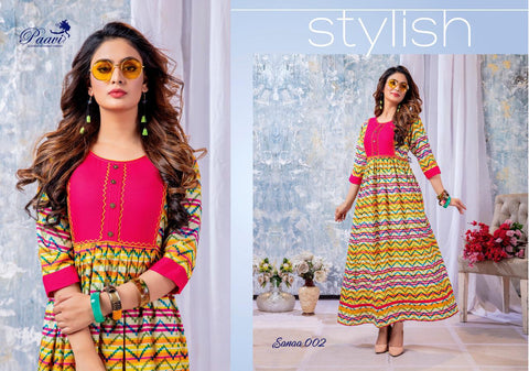 Paavi Presents Sanaa Rayon Printed Stylish Designer Kurtis Collection