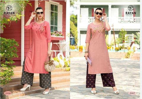 R Studio Rayan Presents Jhalak Rayon Embroidery Work Fancy Designer Kurtis And Plazzo