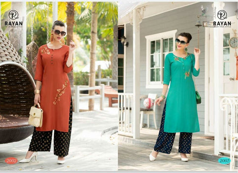 R Studio Rayan Presents Jhalak Rayon Embroidery Work Fancy Designer Kurtis And Plazzo
