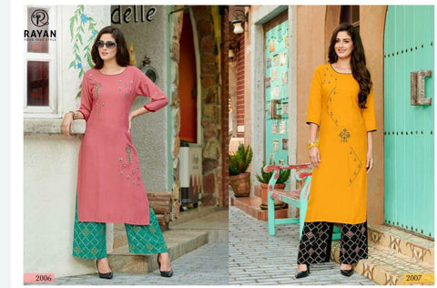 R Studio Presents Lifestyle Rayon Heavy Work Fancy Designer Kurtis And Plazzo