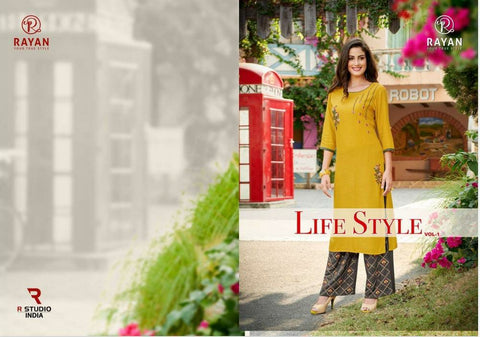 R Studio Presents Lifestyle Rayon Heavy Work Fancy Designer Kurtis And Plazzo