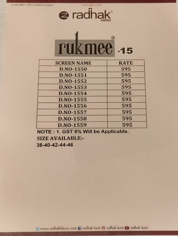 Radhak Fabrics Launched Rukmee Vol 15 Silk Fancy Designer Kurtis Collection