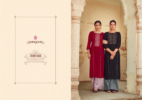 Rangoon Presents Manjree Rayon Fancy Designer Kurtis Collection And Plazzo