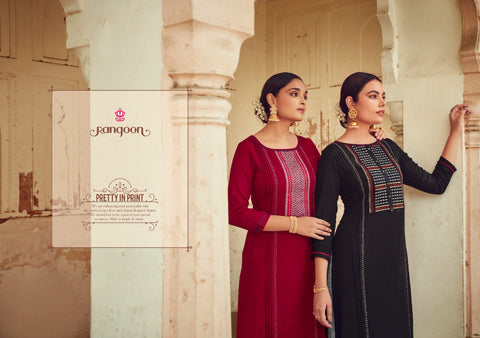 Rangoon Presents Manjree Rayon Fancy Designer Kurtis Collection And Plazzo