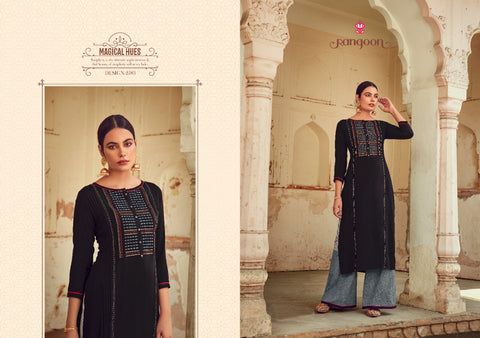 Rangoon Presents Manjree Rayon Fancy Designer Kurtis Collection And Plazzo