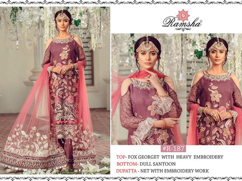 PAKISTANI SALWAR KAMEEZRAMSHA LAUNCH R 184 – R 187 SERIES GEORGETTE NET PAKISTANI SALWAR KAMEEZ