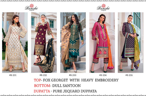 Ramsha Presents R231-235 Series Georgette Embroidery Work Heavy Salwar Suits