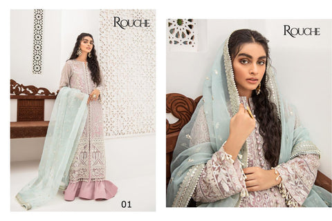 Rouch Presents Qalamkar Butterfly Net Embroidery Work Pakistani Salwar Suits