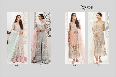 Rouch Presents Qalamkar Butterfly Net Embroidery Work Pakistani Salwar Suits