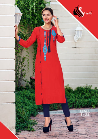 Sawan Creation Presents Honey Vol 17 Rayon Embroidery Work Fancy Designer Kurtis Collection