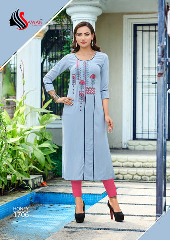Sawan Creation Presents Honey Vol 17 Rayon Embroidery Work Fancy Designer Kurtis Collection