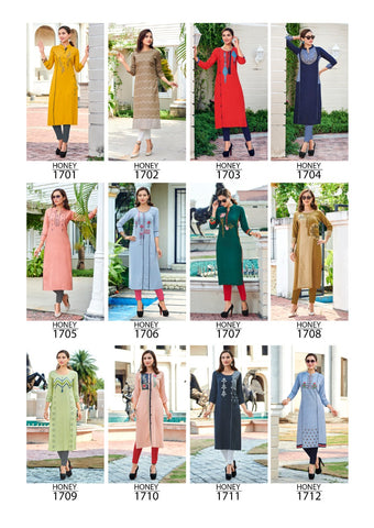 Sawan Creation Presents Honey Vol 17 Rayon Embroidery Work Fancy Designer Kurtis Collection