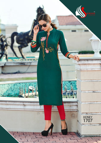 Sawan Creation Presents Honey Vol 17 Rayon Embroidery Work Fancy Designer Kurtis Collection