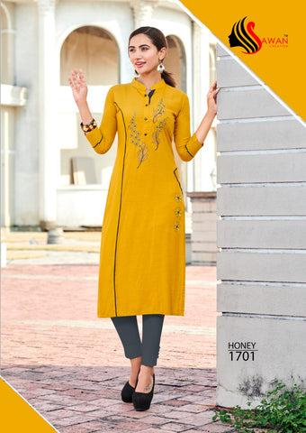 Sawan Creation Presents Honey Vol 17 Rayon Embroidery Work Fancy Designer Kurtis Collection