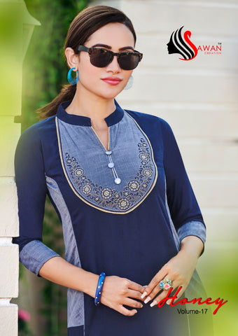 Sawan Creation Presents Honey Vol 17 Rayon Embroidery Work Fancy Designer Kurtis Collection