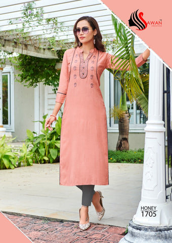 Sawan Creation Presents Honey Vol 17 Rayon Embroidery Work Fancy Designer Kurtis Collection