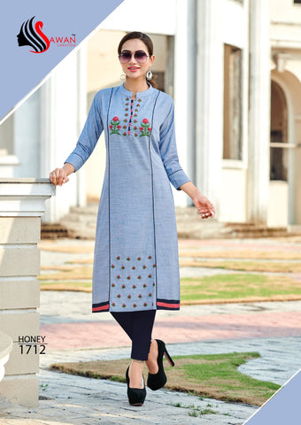 Sawan Creation Presents Honey Vol 17 Rayon Embroidery Work Fancy Designer Kurtis Collection