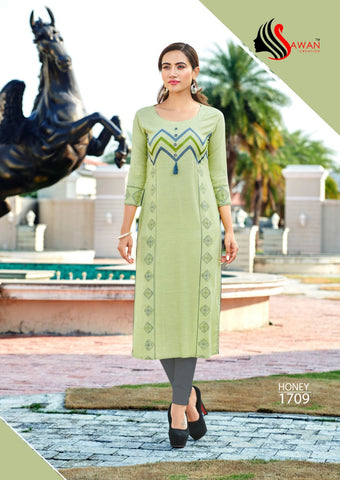 Sawan Creation Presents Honey Vol 17 Rayon Embroidery Work Fancy Designer Kurtis Collection