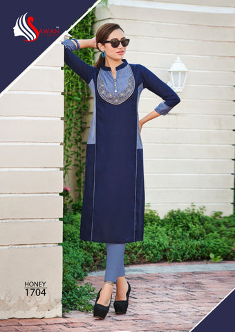 Sawan Creation Presents Honey Vol 17 Rayon Embroidery Work Fancy Designer Kurtis Collection