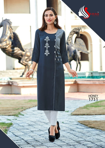 Sawan Creation Presents Honey Vol 17 Rayon Embroidery Work Fancy Designer Kurtis Collection