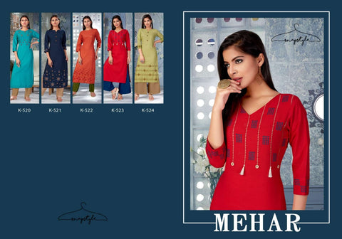 Snapstyle Presents Mehar Cotton Embroidery Work Fancy Designer Kurtis Collection