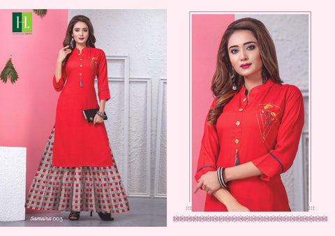 Hirwa Presents Samaira Rayon Embroidery Work Long Gown Type Fancy Designer Kurtis Collection