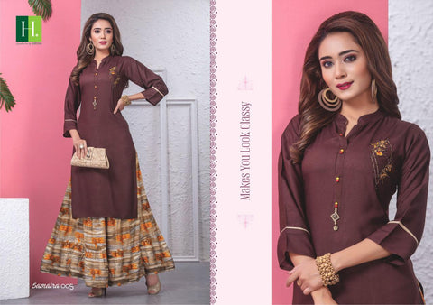 Hirwa Presents Samaira Rayon Embroidery Work Long Gown Type Fancy Designer Kurtis Collection