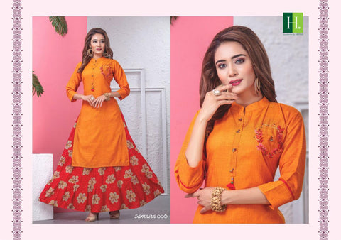 Hirwa Presents Samaira Rayon Embroidery Work Long Gown Type Fancy Designer Kurtis Collection