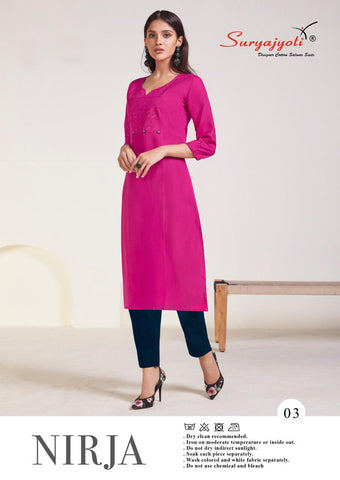 Suryajyoti Presents Nirja Vol 1 Rayon Cotton Casual Wear Kurtis Collection