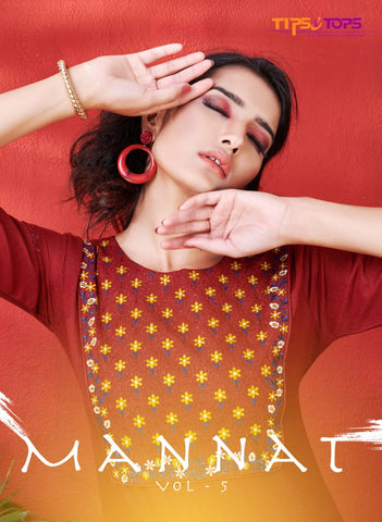 Tips And Tops Presents Mannat Vol 5 Rayon Embroidery Work Casual Wear Kurtis