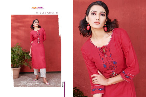 Tips And Tops Presents Mannat Vol 5 Rayon Embroidery Work Casual Wear Kurtis