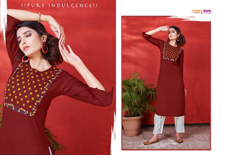 Tips And Tops Presents Mannat Vol 5 Rayon Embroidery Work Casual Wear Kurtis