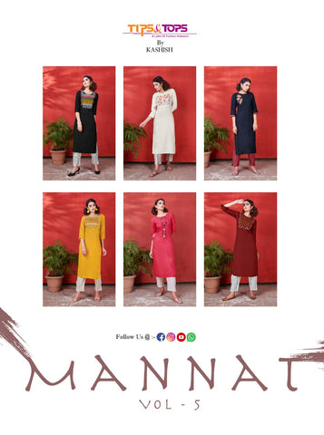 Tips And Tops Presents Mannat Vol 5 Rayon Embroidery Work Casual Wear Kurtis