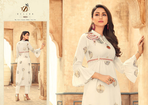 TZU Kurtis Launched Bellah Heavy Rayon Fancy Designer Kurtis Collection With Pants