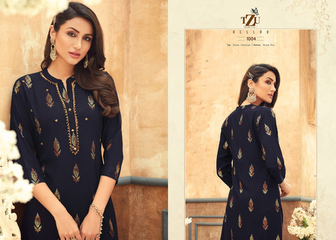 TZU Kurtis Launched Bellah Heavy Rayon Fancy Designer Kurtis Collection With Pants