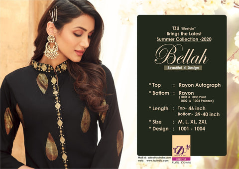 TZU Kurtis Launched Bellah Heavy Rayon Fancy Designer Kurtis Collection With Pants