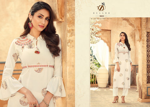 TZU Kurtis Launched Bellah Heavy Rayon Fancy Designer Kurtis Collection With Pants