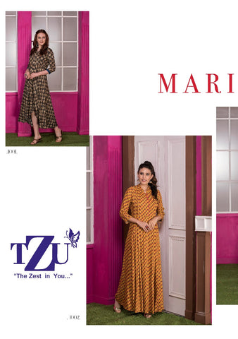 TZU Kurtis Presents Mrigold Rayon Printed Stylish Designer Kurtis Collection