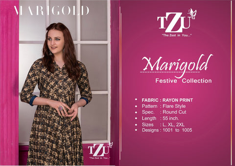 TZU Kurtis Presents Mrigold Rayon Printed Stylish Designer Kurtis Collection