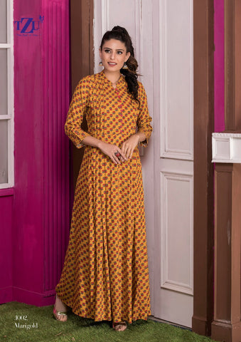 TZU Kurtis Presents Mrigold Rayon Printed Stylish Designer Kurtis Collection