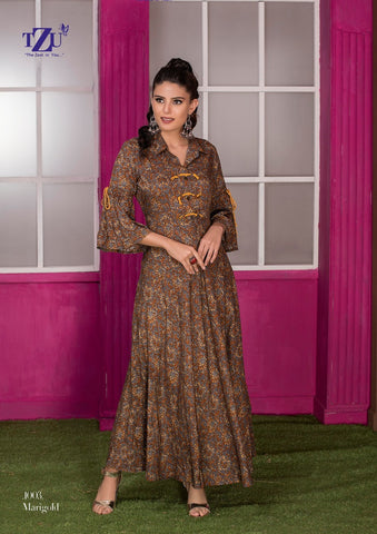 Tzu Kurtis Launched Marigold Rayon Printed Stylish Desginer Kurtis Collection