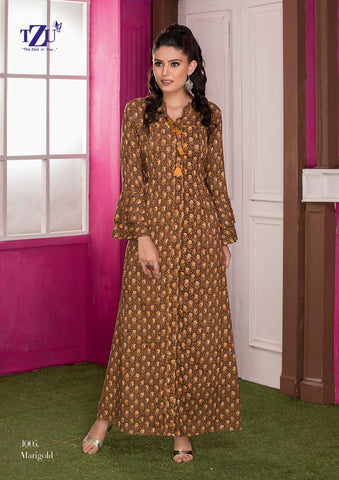 TZU Kurtis Presents Mrigold Rayon Printed Stylish Designer Kurtis Collection