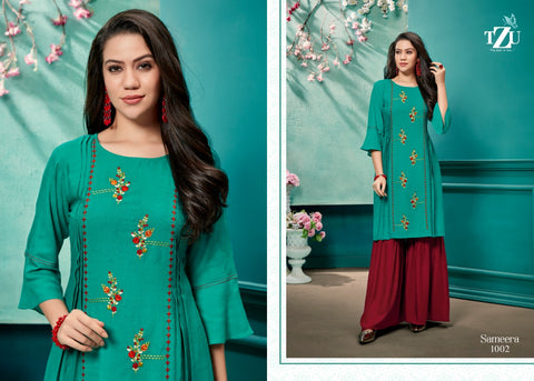 Tzu Kurtis Presents Sameera Rayon Embroidery Work Fancy Designer Kurtis Collection