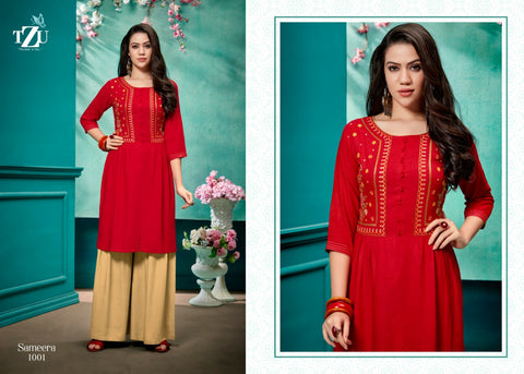 Tzu Kurtis Presents Sameera Rayon Embroidery Work Fancy Designer Kurtis Collection
