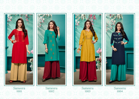 Tzu Kurtis Presents Sameera Rayon Embroidery Work Fancy Designer Kurtis Collection