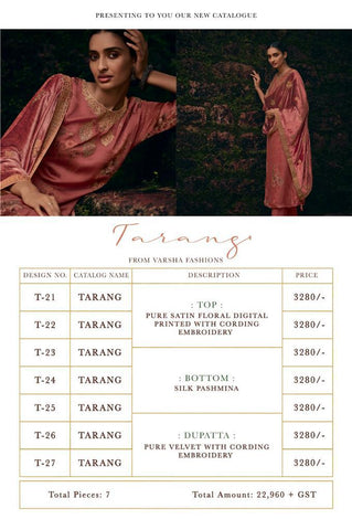 Varsha Presents Tarang Satin Printed Embroidery Work Fancy Designer Salwar Suits