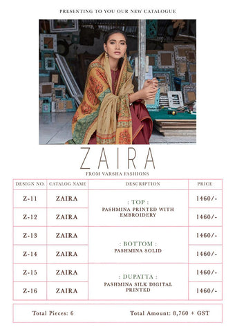 Varsha Presents Zaira Pashmina Printed Embroidery Work Fancy Designer Salwar Suits
