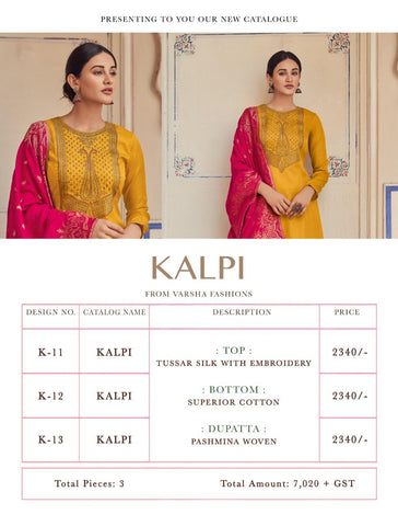 Varsha Launched Kalpi Tusser Silk Embroidery Work Fancy Designer Salwar Suits