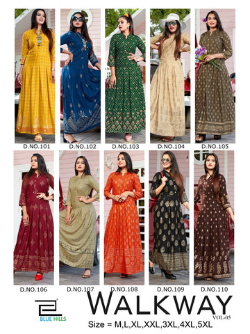 Blue Hills Launched Walkway Vol 5 Rayon Fabric Fancy Designer Gown Type Kurtis Collection